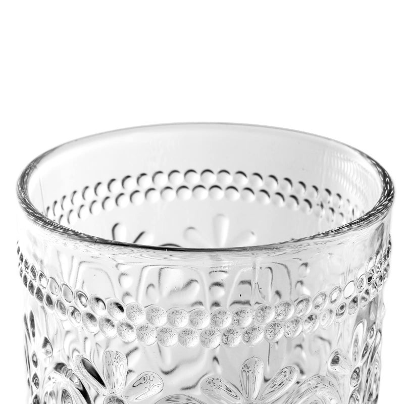 Bekith 6 Pack Drinking Glasses, 9.5 oz Romantic Water Glasses, Clear Embossed Glass Cups Vintage Glassware Set for Whisky, Juice, Beverages, Beer, Cocktail - Image 3