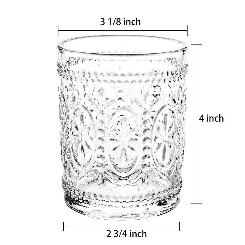 Bekith 6 Pack Drinking Glasses, 9.5 oz Romantic Water Glasses, Clear Embossed Glass Cups Vintage Glassware Set for Whisky, Juice, Beverages, Beer, Cocktail - Image 2