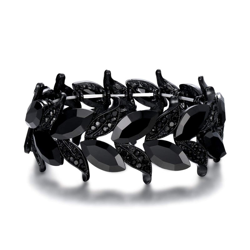 BriLove Wedding Bridal Bracelet for Women Bride Marquise-Shape Leaf Stretch Bangle for Party Prom Black Black-Tone - Image 1
