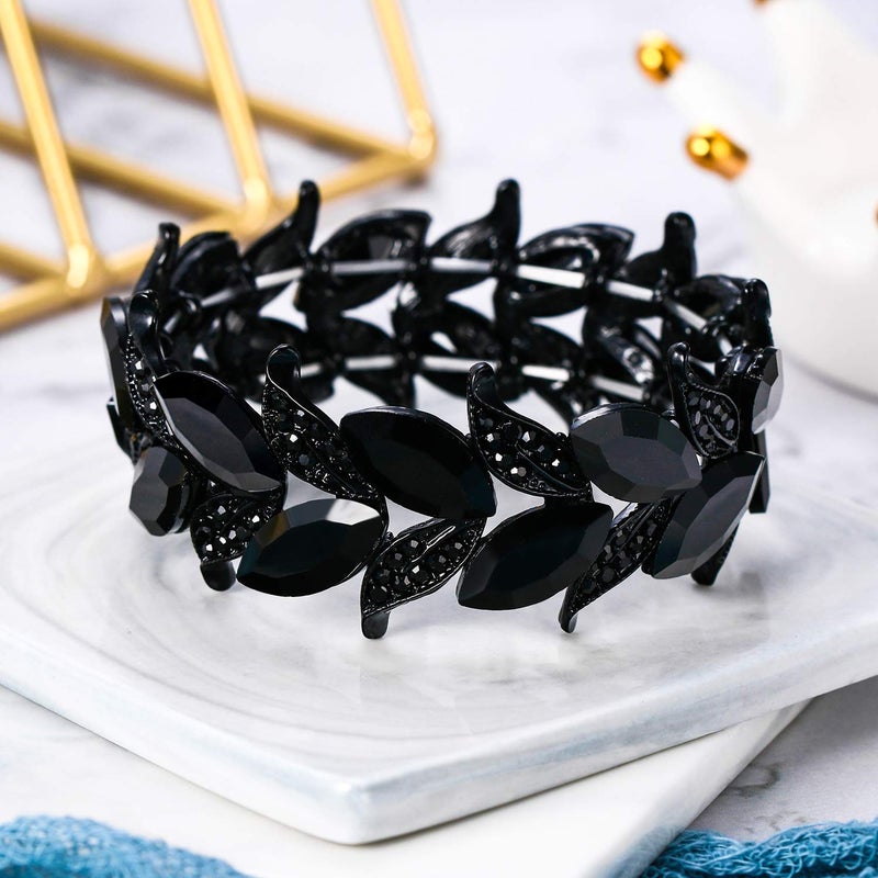 BriLove Wedding Bridal Bracelet for Women Bride Marquise-Shape Leaf Stretch Bangle for Party Prom Black Black-Tone - Image 4
