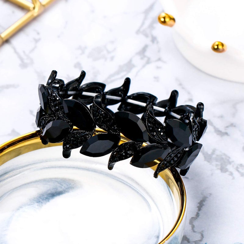 BriLove Wedding Bridal Bracelet for Women Bride Marquise-Shape Leaf Stretch Bangle for Party Prom Black Black-Tone - Image 5