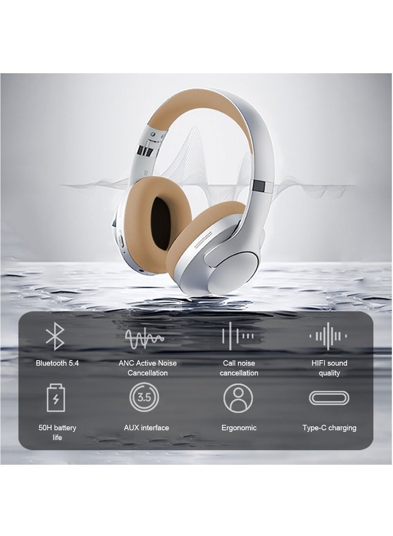 فلاشهوك سماعات رأس لاسلكية ANC فوق الأذن مع بلوتوث 5.4 وعمر بطارية يصل إلى 50 ساعة - فضي/بني - Image 3
