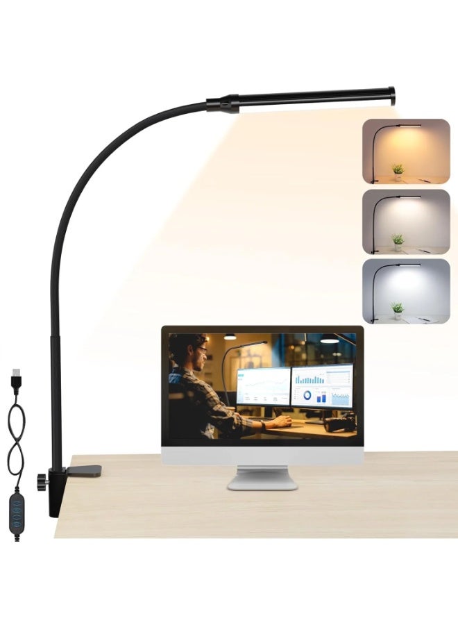 Led Desk Lamp for Home Office, Eye-Caring Desk Light with Clamp, Clip on Light for Reading, 3 Modes 10 Brightness, Flexible Gooseneck, Memory Function, Study, Work, Draw - Image 2