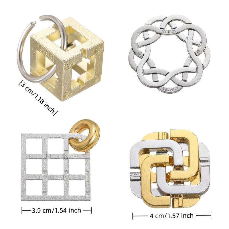 4 Piece Metal Brain Teaser Set Luban Lock Kongming Huarong Road Golden Silver Design Desktop Game Gift - Image 2
