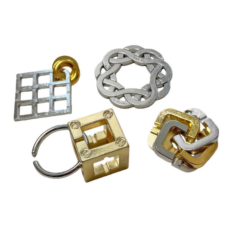 4 Piece Metal Brain Teaser Set Luban Lock Kongming Huarong Road Golden Silver Design Desktop Game Gift - Image 3