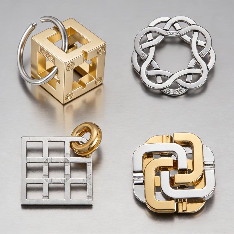 4 Piece Metal Brain Teaser Set Luban Lock Kongming Huarong Road Golden Silver Design Desktop Game Gift - Image 4