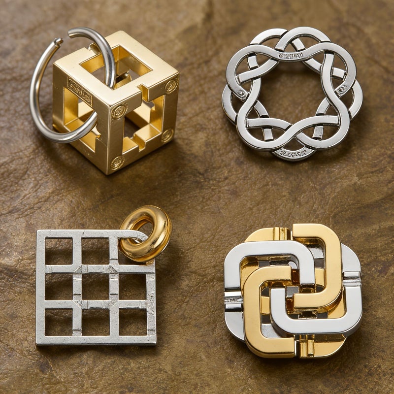 4 Piece Metal Brain Teaser Set Luban Lock Kongming Huarong Road Golden Silver Design Desktop Game Gift - Image 1