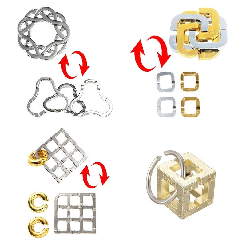 4 Piece Metal Brain Teaser Set Luban Lock Kongming Huarong Road Golden Silver Design Desktop Game Gift - Image 5