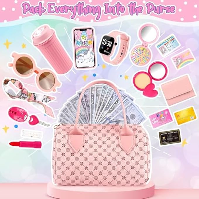 AM ANNA Play Purse for Little Girls, 32PCS Toddler Purse with Pretend Makeup for Kids, Princess Toys Includes Handbag, Phone, Wristwatch, Silk Scarf Kids Toy Purse Birthday Gift for Girls 3 + - Image 2