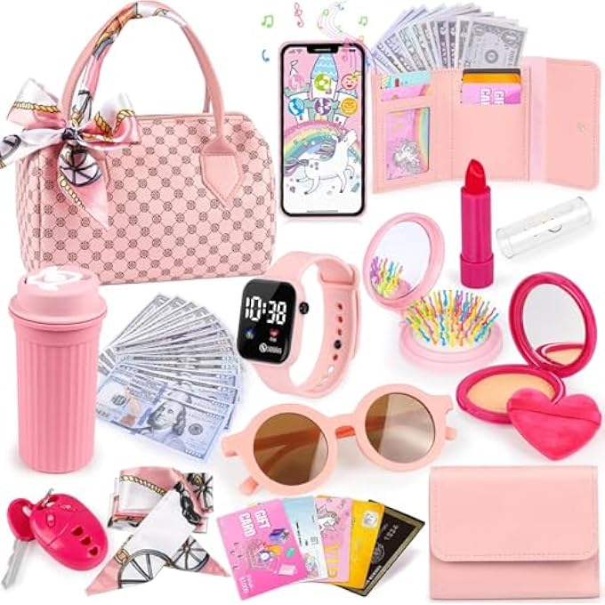 AM ANNA Play Purse for Little Girls, 32PCS Toddler Purse with Pretend Makeup for Kids, Princess Toys Includes Handbag, Phone, Wristwatch, Silk Scarf Kids Toy Purse Birthday Gift for Girls 3 + - Image 1