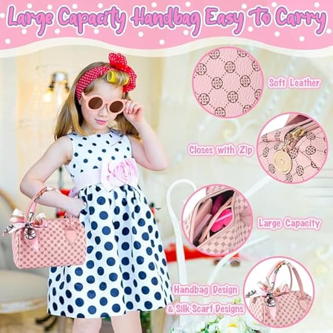 AM ANNA Play Purse for Little Girls, 32PCS Toddler Purse with Pretend Makeup for Kids, Princess Toys Includes Handbag, Phone, Wristwatch, Silk Scarf Kids Toy Purse Birthday Gift for Girls 3 + - Image 3