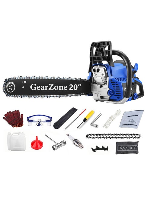 20 Inch Handheld High Power Gasoline/Petrol Chainsaw Including 2 Chains and Other Accessories For Cutting Trees, Wood, & Logs-Blue Color