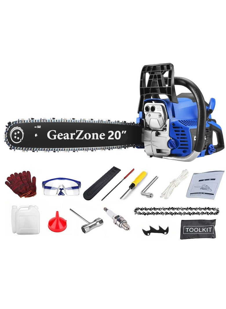 GearZone - 20 Inch Handheld High Power Gasoline/Petrol Chainsaw Including 2 Chains and Other Accessories For Cutting Trees, Wood, & Logs-Blue Color - Image 1