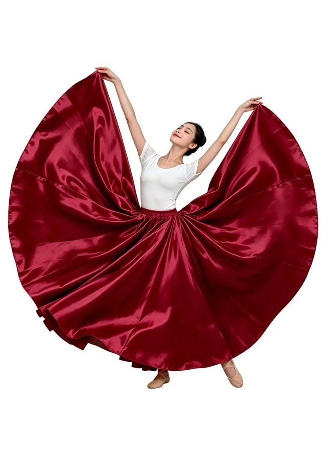 BACKGARDEN Ladies 20 Yard Elegant Satin Long Full Skirt for Ballroom Belly Dance Performance Costume Dress Dark Red - Image 1