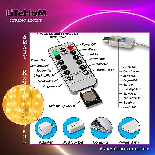 Litehom 300 LED Fairy Curtain String Lights – USB Powered Remote-Controlled Backdrop, Warm Ambience for Diwali, Navratri, Christmas & New Year Décor,(Yellow-300) - Image 3
