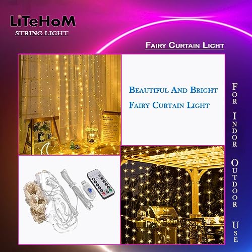 Litehom 300 LED Fairy Curtain String Lights – USB Powered Remote-Controlled Backdrop, Warm Ambience for Diwali, Navratri, Christmas & New Year Décor,(Yellow-300) - Image 5