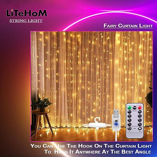 Litehom 300 LED Fairy Curtain String Lights – USB Powered Remote-Controlled Backdrop, Warm Ambience for Diwali, Navratri, Christmas & New Year Décor,(Yellow-300) - Image 4