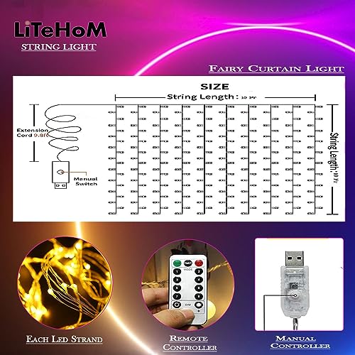 Litehom 300 LED Fairy Curtain String Lights – USB Powered Remote-Controlled Backdrop, Warm Ambience for Diwali, Navratri, Christmas & New Year Décor,(Yellow-300) - Image 2