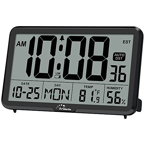 WallarGe Auto Set Digital Wall Clock Battery Operated, Desk Clocks with Temperature, Humidity and Date, Large Display Digital Calendar Alarm Clock for Elderly, Bedroom, Office, 8 Time Zone, Auto DST. - Image 1