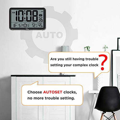 WallarGe Auto Set Digital Wall Clock Battery Operated, Desk Clocks with Temperature, Humidity and Date, Large Display Digital Calendar Alarm Clock for Elderly, Bedroom, Office, 8 Time Zone, Auto DST. - Image 3