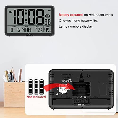 WallarGe Auto Set Digital Wall Clock Battery Operated, Desk Clocks with Temperature, Humidity and Date, Large Display Digital Calendar Alarm Clock for Elderly, Bedroom, Office, 8 Time Zone, Auto DST. - Image 4