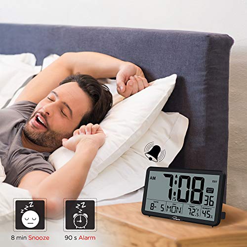 WallarGe Auto Set Digital Wall Clock Battery Operated, Desk Clocks with Temperature, Humidity and Date, Large Display Digital Calendar Alarm Clock for Elderly, Bedroom, Office, 8 Time Zone, Auto DST. - Image 5