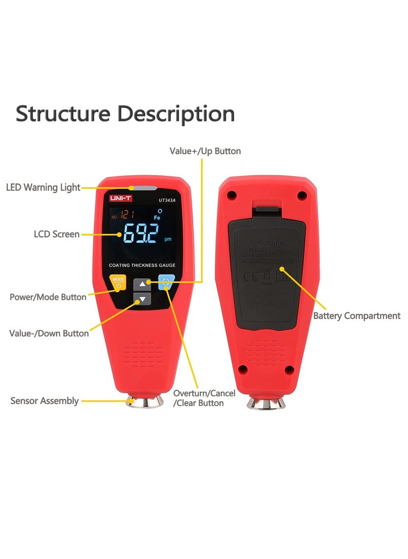 Generic - Coating Thickness Gauge UT343A, Professional Digital Paint Thickness Gauge Paint Depth Meter for Used Car, Resolution 0.01mils, F/NF, with Visual Go-NoGo Indicator and Rotatable EBTN Display - Image 1