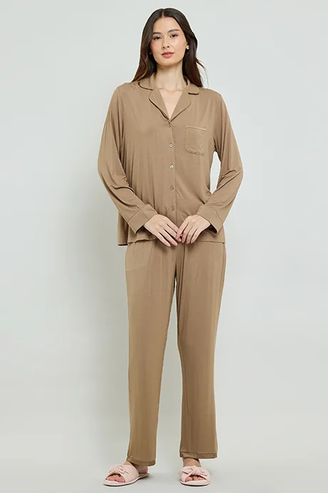 أر أند بي Solid Lapel Collar Pyjama Set
