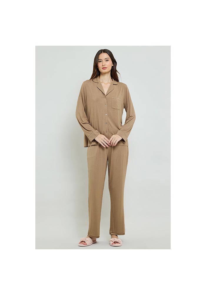R&B Solid Lapel Collar Pyjama Set - Image 1