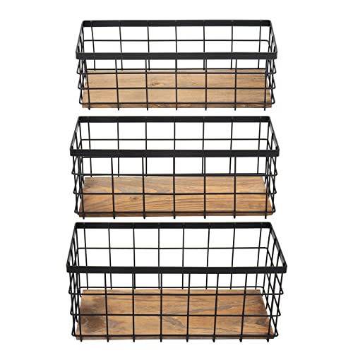 TIEYIPIN Farmhouse Decor Metal Wire Storage Baskets, Wood Base Containers Organizing Basket Caddy Bin for Kitchen Cabinets, Bathroom, Pantry, Garage, Laundry Room, Closets - Small - Black (Set of 3) - Image 1