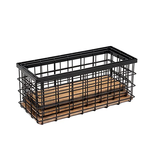 TIEYIPIN Farmhouse Decor Metal Wire Storage Baskets, Wood Base Containers Organizing Basket Caddy Bin for Kitchen Cabinets, Bathroom, Pantry, Garage, Laundry Room, Closets - Small - Black (Set of 3) - Image 5