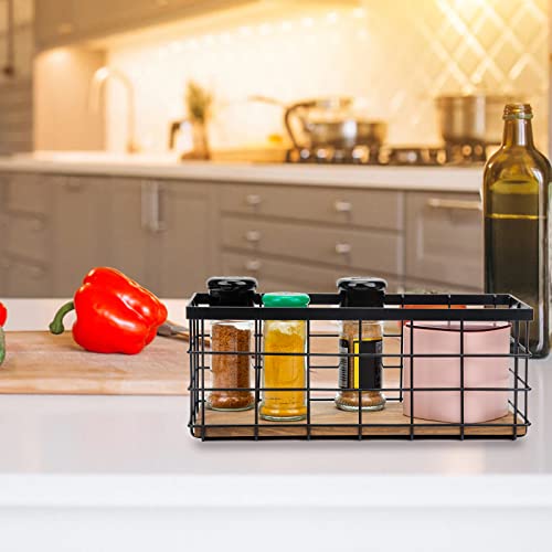 TIEYIPIN Farmhouse Decor Metal Wire Storage Baskets, Wood Base Containers Organizing Basket Caddy Bin for Kitchen Cabinets, Bathroom, Pantry, Garage, Laundry Room, Closets - Small - Black (Set of 3) - Image 3
