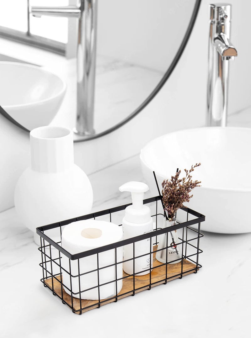 TIEYIPIN Farmhouse Decor Metal Wire Storage Baskets, Wood Base Containers Organizing Basket Caddy Bin for Kitchen Cabinets, Bathroom, Pantry, Garage, Laundry Room, Closets - Small - Black (Set of 3) - Image 2