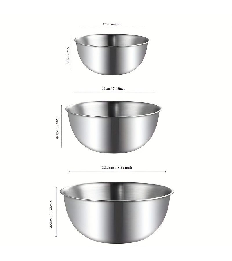 Set Of 3 Stainless Steel Mixing Bowls With Measurement Marks For Home Use Thickened For Mixing Kneading Eggs Salads And Baking - Image 3