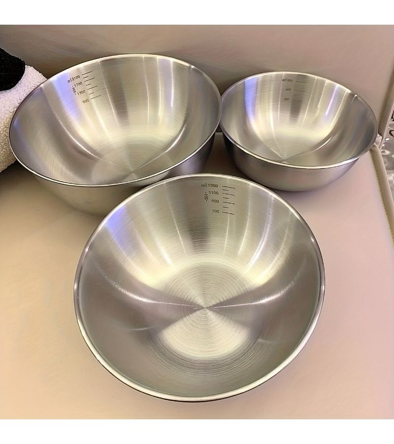 Set Of 3 Stainless Steel Mixing Bowls With Measurement Marks For Home Use Thickened For Mixing Kneading Eggs Salads And Baking - Image 2