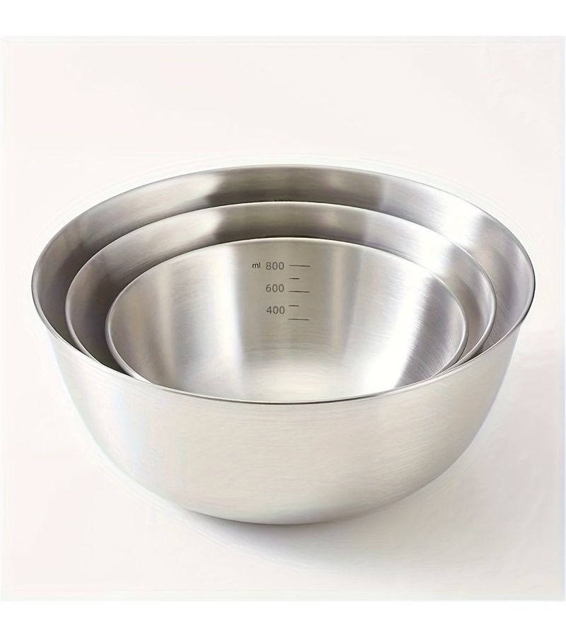 Set Of 3 Stainless Steel Mixing Bowls With Measurement Marks For Home Use Thickened For Mixing Kneading Eggs Salads And Baking - Image 1