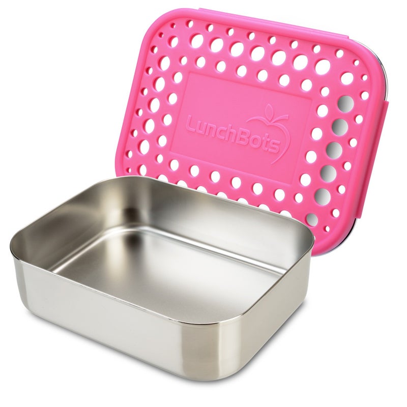 LunchBots Medium Uno Stainless Steel Sandwich Container - Open Design for Wraps - Salads or a Small Meal - Eco-Friendly - Dishwasher Safe and BPA-Free - Pink Dots - Image 1