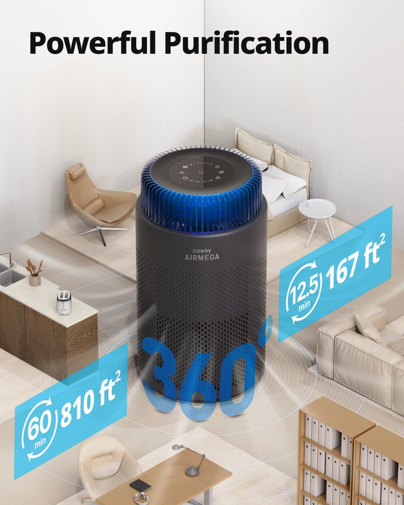 COWAY منقيات الهواء COWAY لغرفة النوم المنزلية حتى 810 قدم مربع، فلتر HEPA للدخان، الحساسية، شعر الحيوانات الأليفة، الروائح، مراقب جودة الهواء، وضع تلقائي ونوم، مؤقت، مؤشر الفلتر، ضوء ليلي، ضمان 3 سنوات، أسود 100 - Image 3
