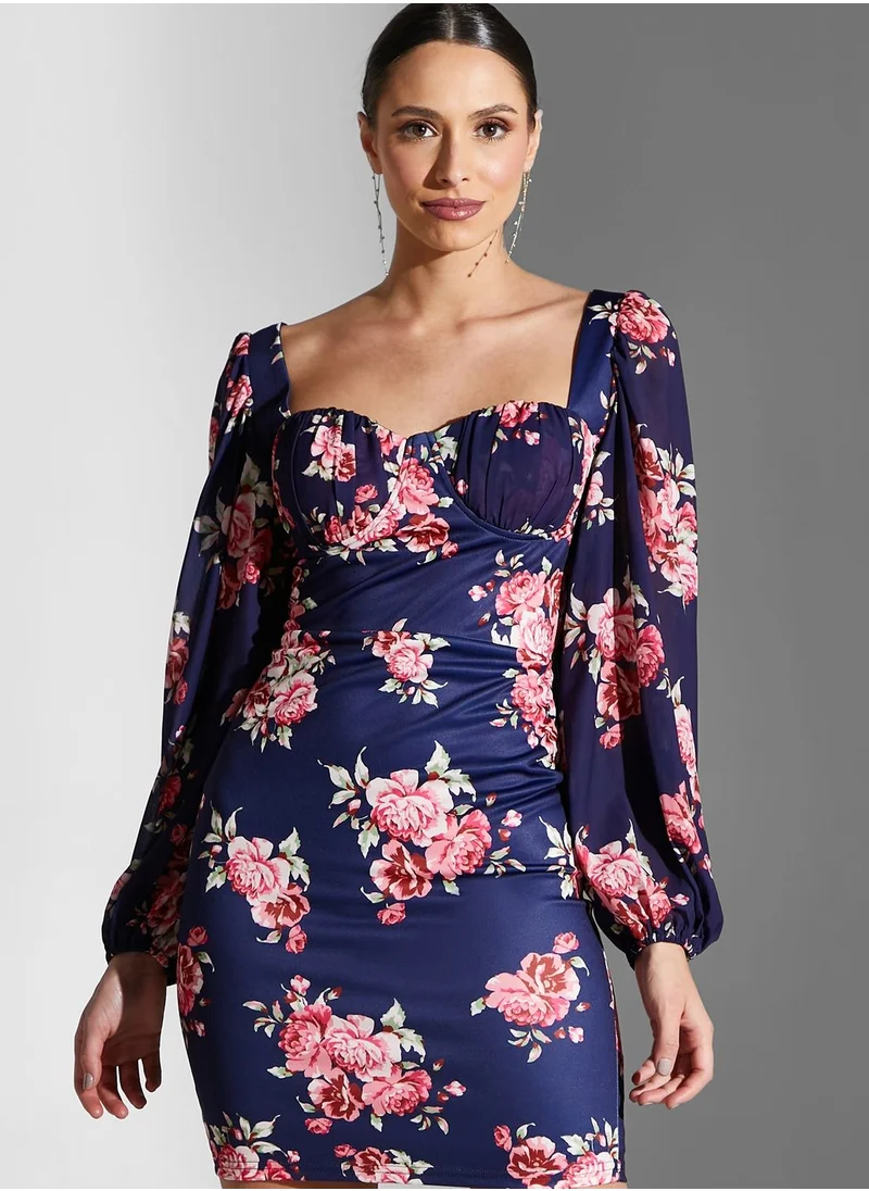 Chi-Chi London Sweetheart Neck Floral Print Dress