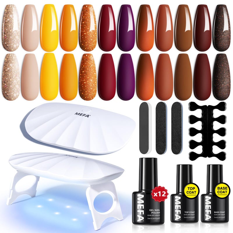 MEFA 19 Pcs Gel Nail Polish Kit with U V Light 12 Colors Fall Gel Nail Polish Set Burgundy Red Champagne Gold Purple Glitter Soak Off Manicure Tools Halloween Beginners Salon Art DIY for Women