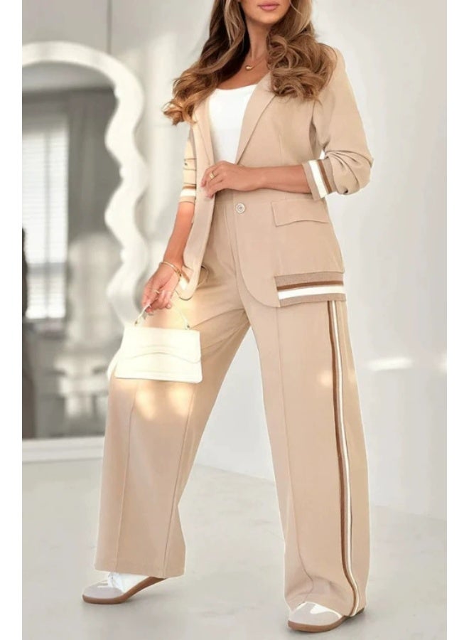 general Blazer Sets Women 2 Piece Outfits Ribbed Sets One Button Blazer and Wide Leg Pants Suits Casual Business Outfits - Image 1