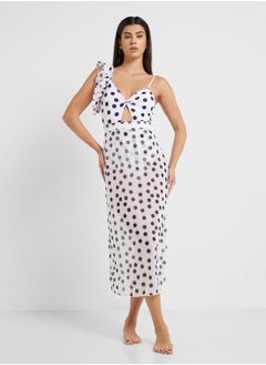 Polka Print One Shoulder Ruffled Swimsuit & Beach Sarong