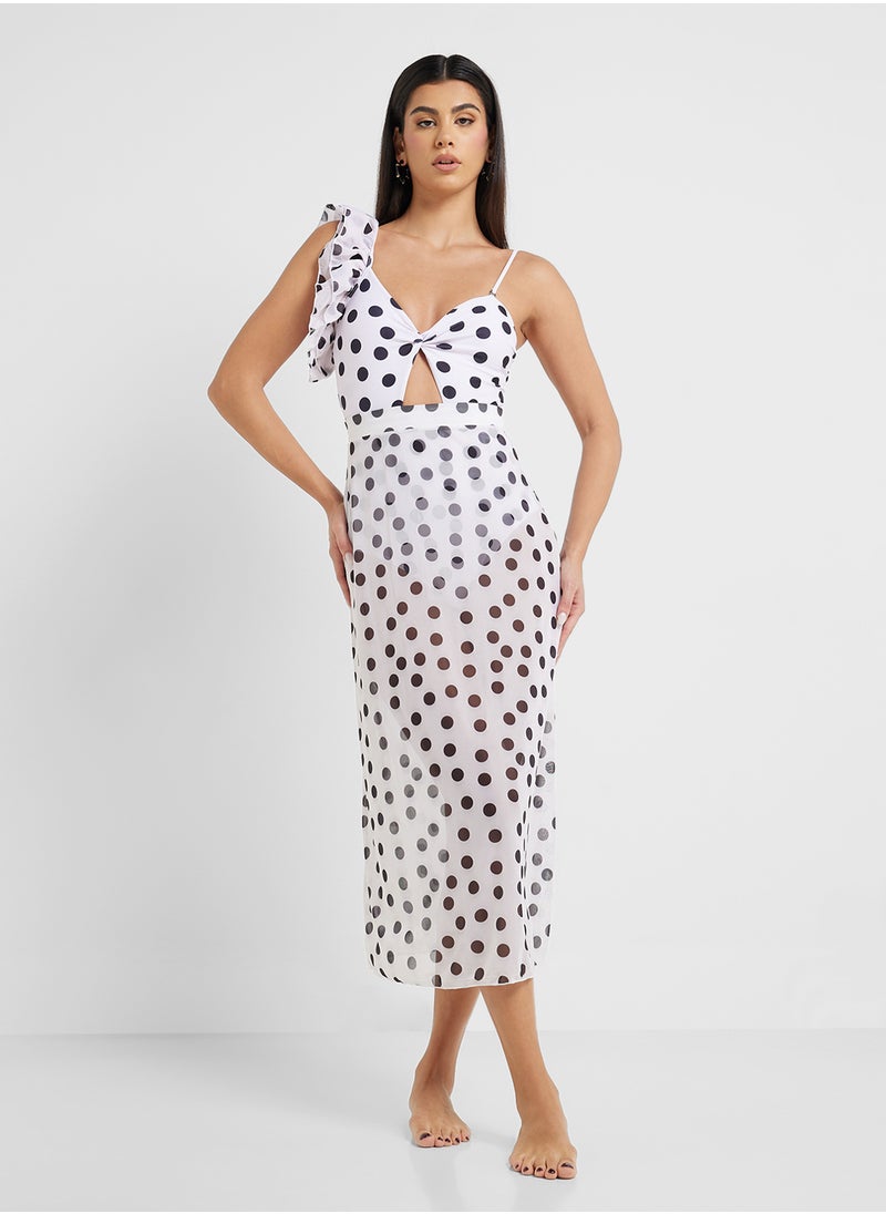 ELLA - Polka Print One Shoulder Ruffled Swimsuit & Beach Sarong - Image 1