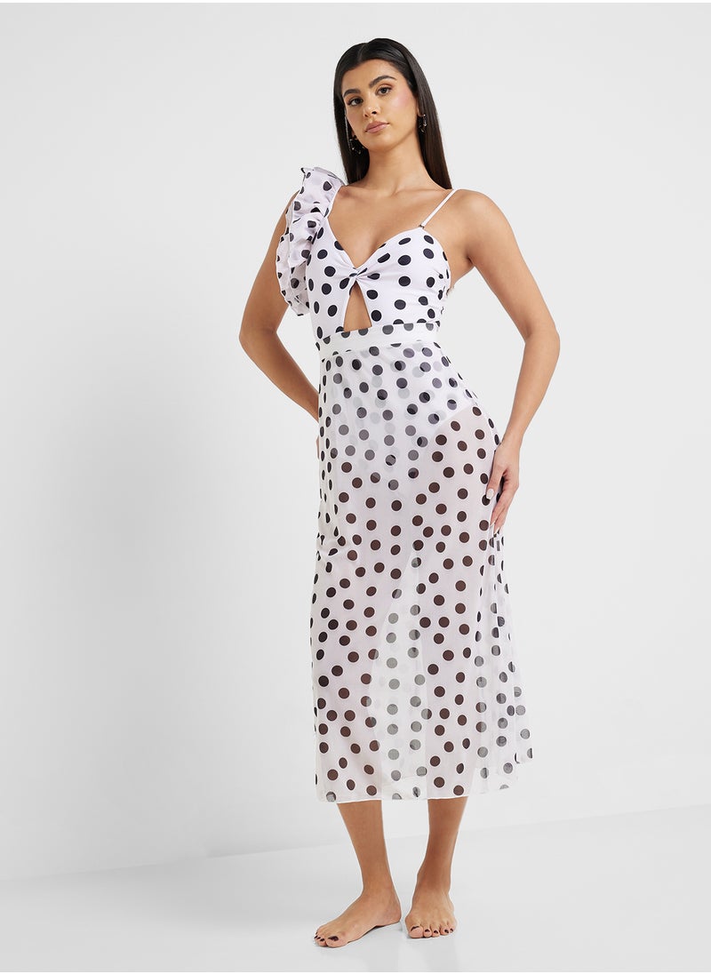 ELLA - Polka Print One Shoulder Ruffled Swimsuit & Beach Sarong - Image 1