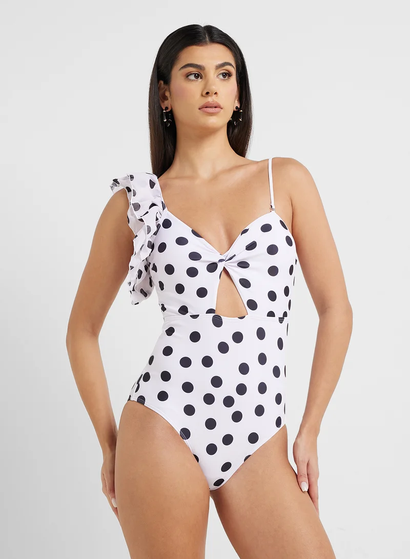 ELLA Polka Print One Shoulder Ruffled Swimsuit & Beach Sarong
