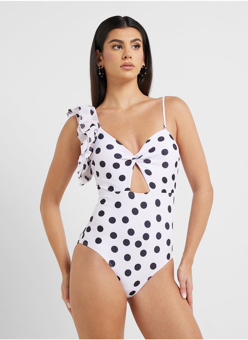 ELLA - Polka Print One Shoulder Ruffled Swimsuit & Beach Sarong - Image 1