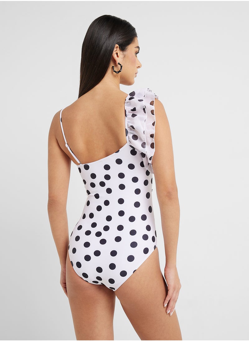 ELLA - Polka Print One Shoulder Ruffled Swimsuit & Beach Sarong - Image 1