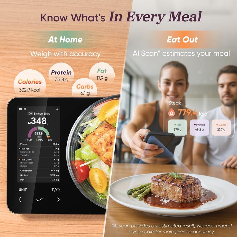 COSORI Smart Food Kitchen Scale with Nutritional Calculator, Free App for AI Scan, Calorie & Macro Tracking, Food Preload, On-Screen Nutrient Info, Personal Goals, Rechargeable, 11 lb / 5 kg - Image 4