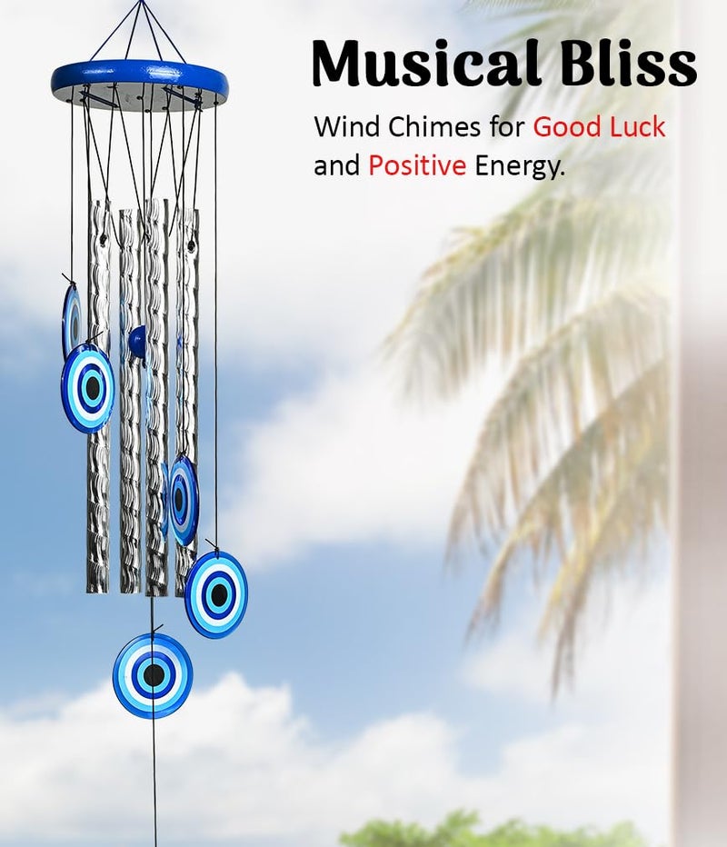 Hindcraft Evil Eye Wind Chimes for Home and Garden – Hanging Decoration Items for Positive Energy, Home Décor and Wall Décor | Housewarming Gifts Room Décor for Living Room and Bedroom, 4 Silver Pipe - Image 4