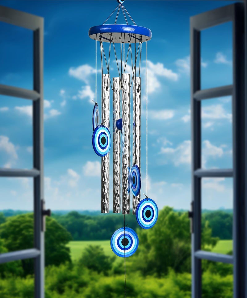 Hindcraft Evil Eye Wind Chimes for Home and Garden – Hanging Decoration Items for Positive Energy, Home Décor and Wall Décor | Housewarming Gifts Room Décor for Living Room and Bedroom, 4 Silver Pipe - Image 2